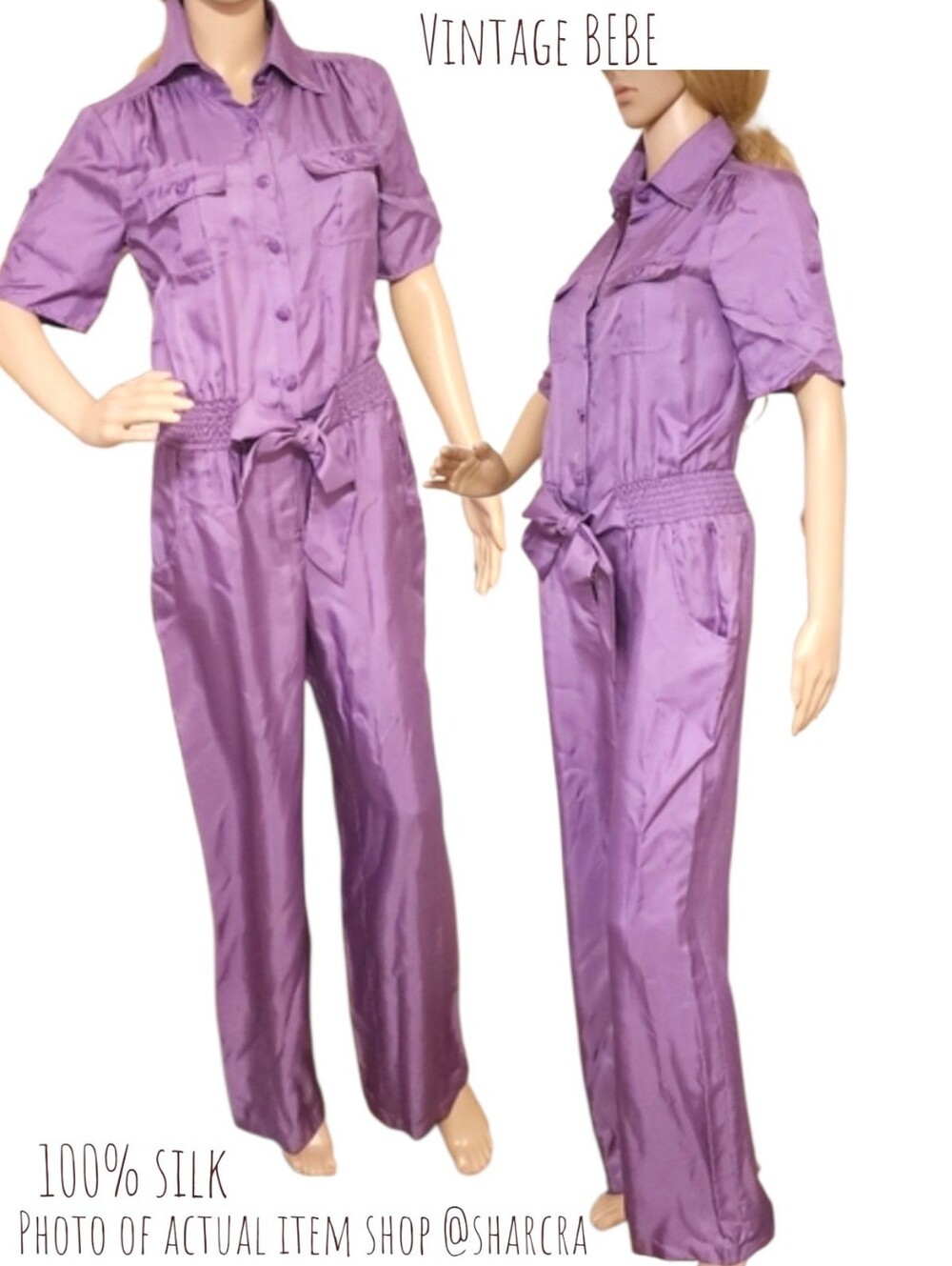 Vintage bebe Women's silk Button Down jumpsuit Belted Smock Waist  sweet lilac S